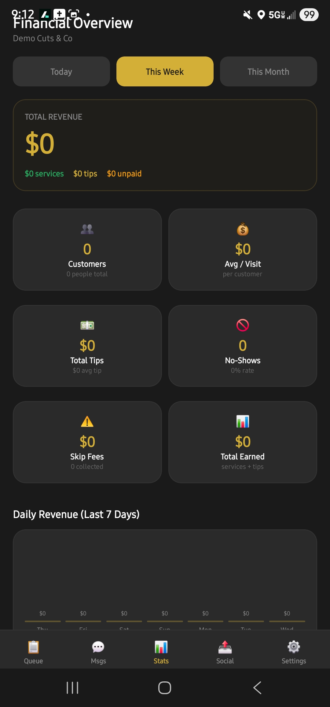 CueUp financial overview screen