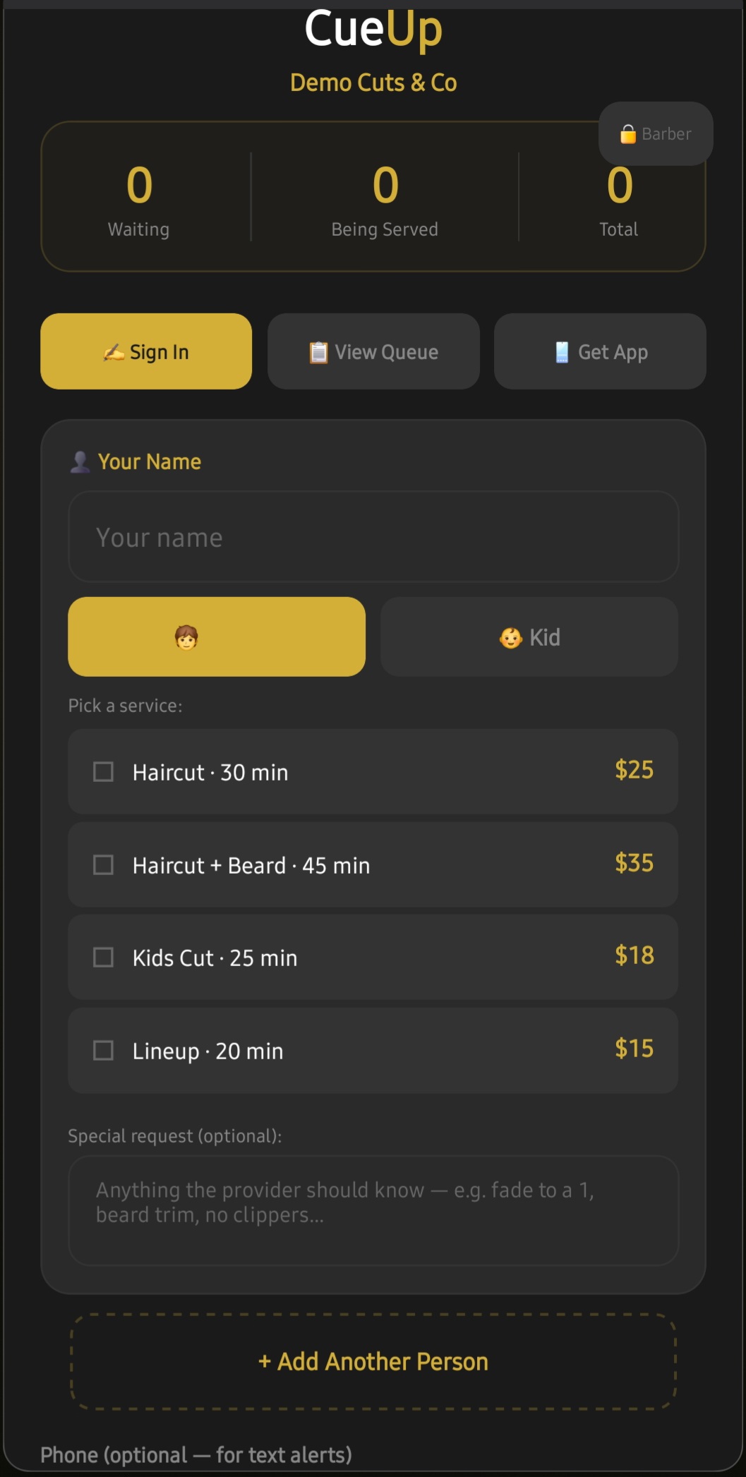 CueUp kiosk walk-in sign-in screen