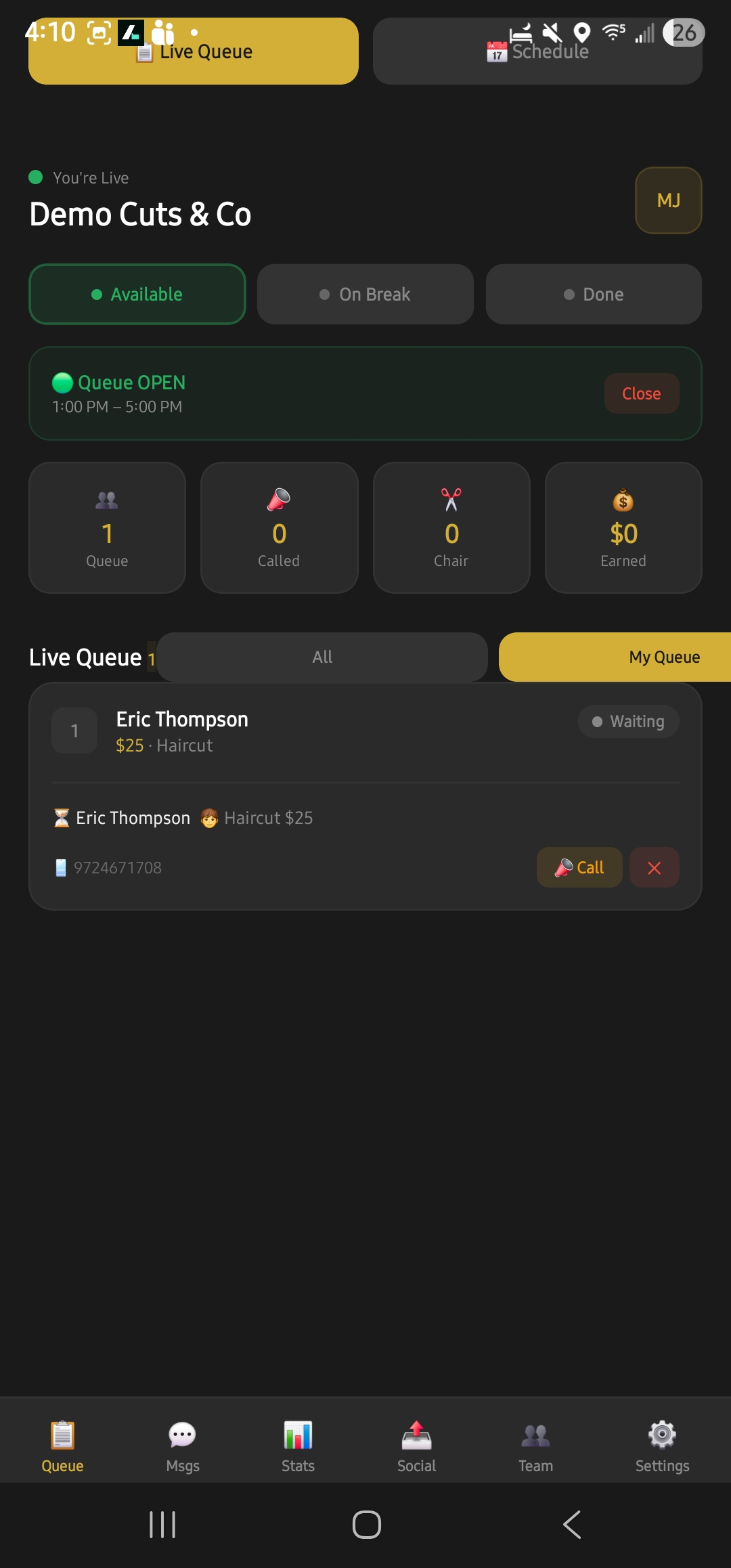 CueUp provider dashboard screen