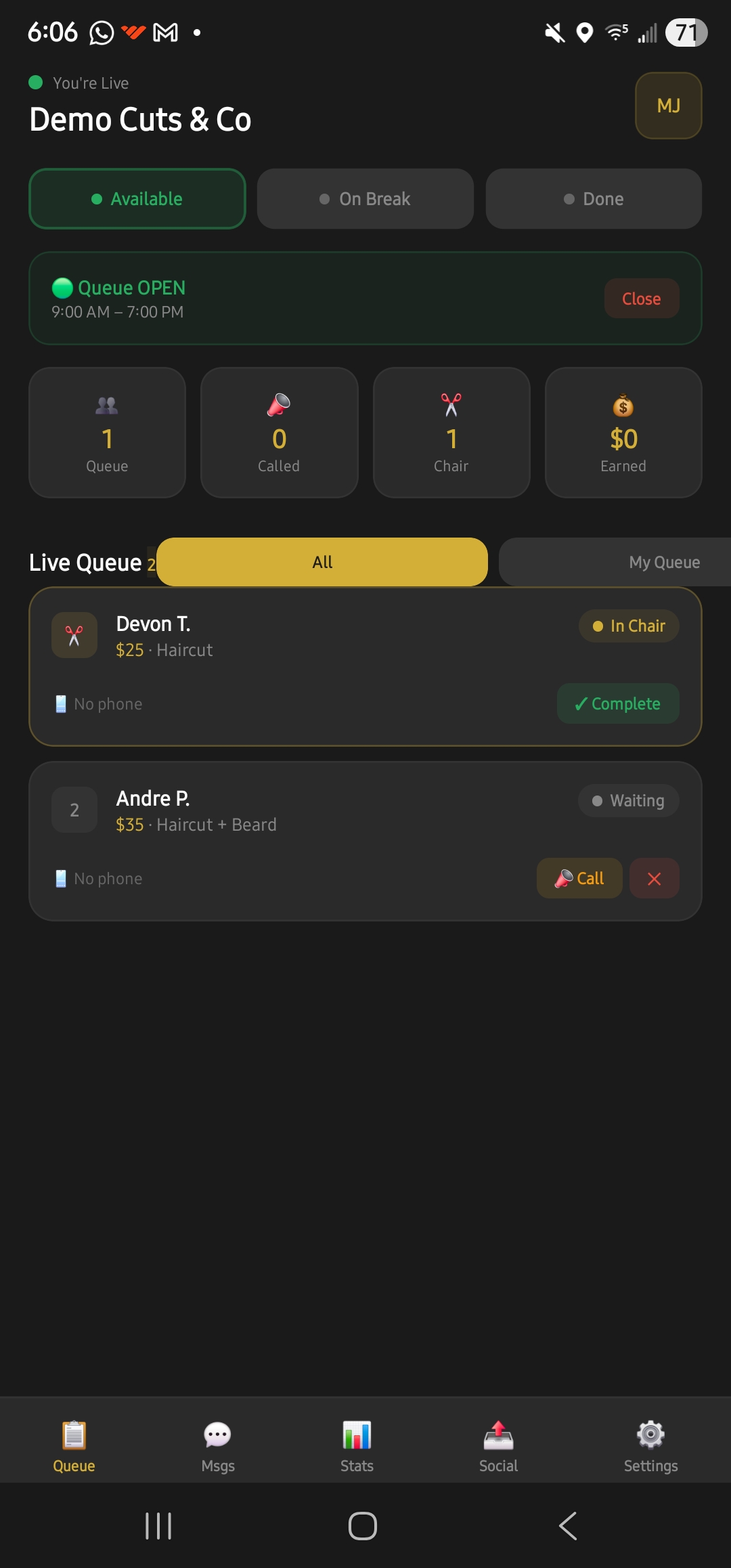 CueUp provider queue management screen