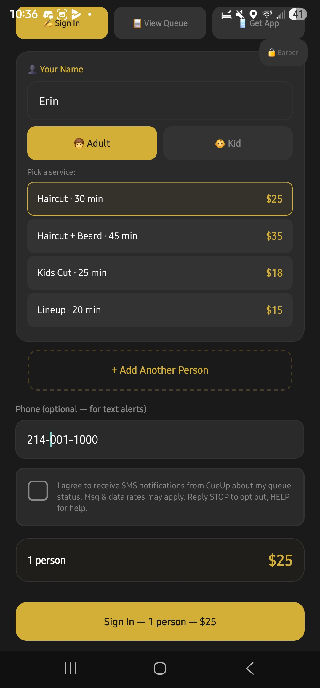 CueUp in-shop kiosk queue sign-in screen with name 'Erin' entered, a service selected, phone number filled in, and an unchecked SMS consent checkbox with disclosure text.