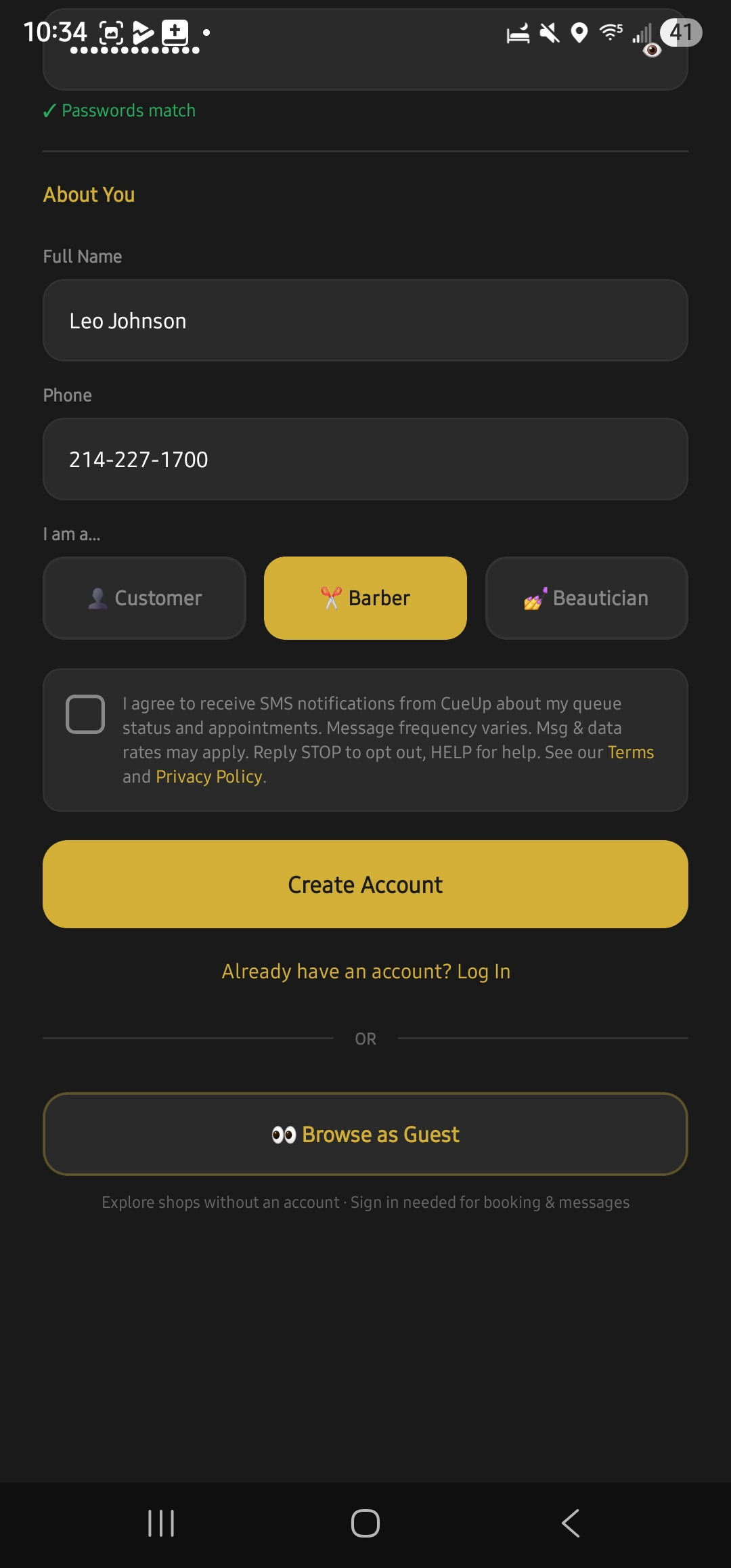 CueUp sign-up screen with name 'Leo Johnson' entered, phone number filled in, and an unchecked SMS consent checkbox with the full disclosure text including links to Terms and Privacy Policy.